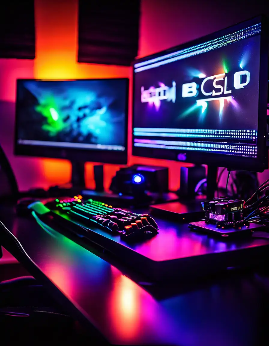 A custom-built computer setup showcasing high-performance components with colorful LED lights.