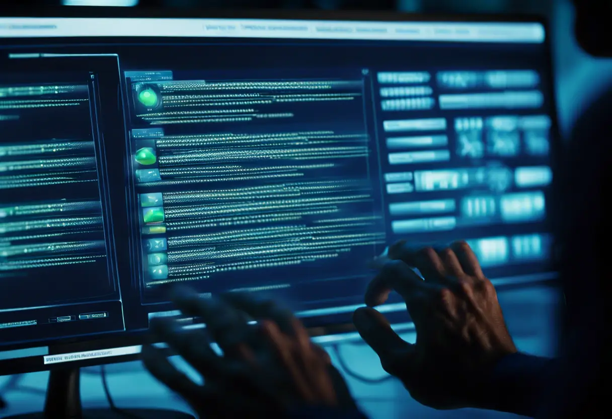 A computer screen showing software updates and malware removal processes, with a technician's hands navigating the interface.
