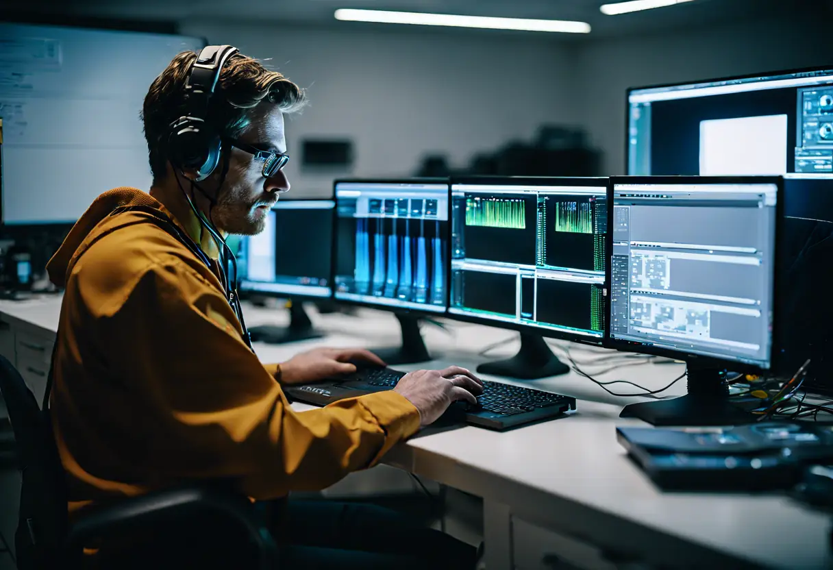 A technician diagnosing a computer issue remotely using specialized software on a laptop.