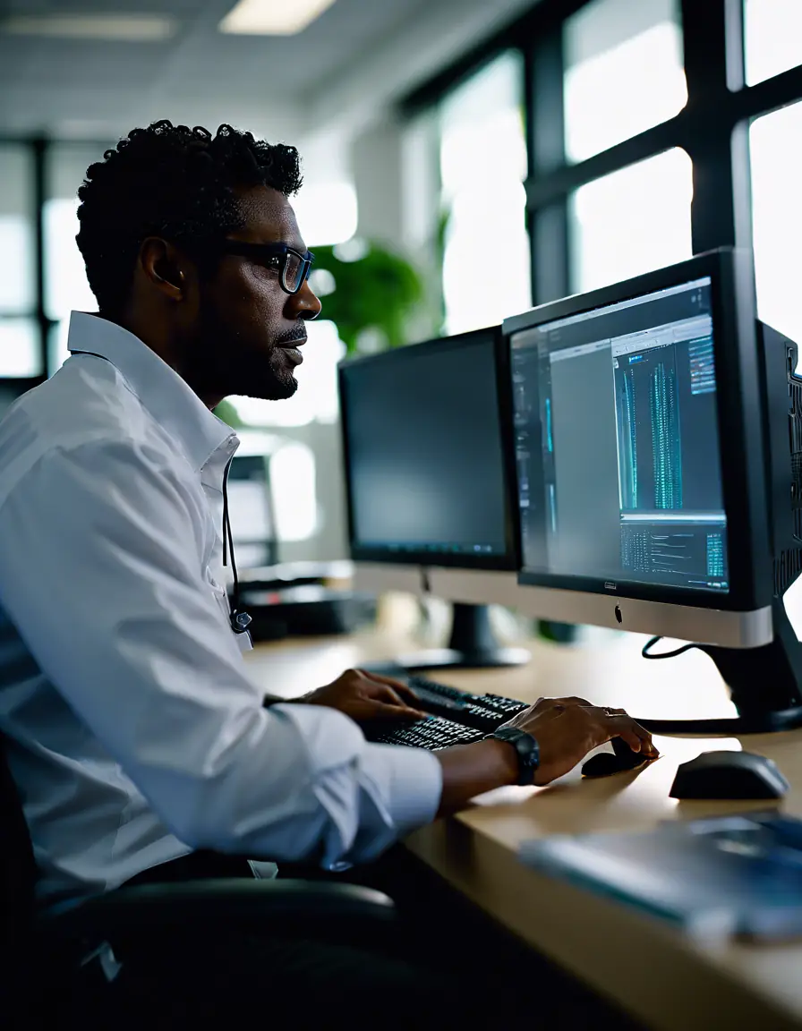 A technician working on a desktop computer at a client's office, engaging with the client.